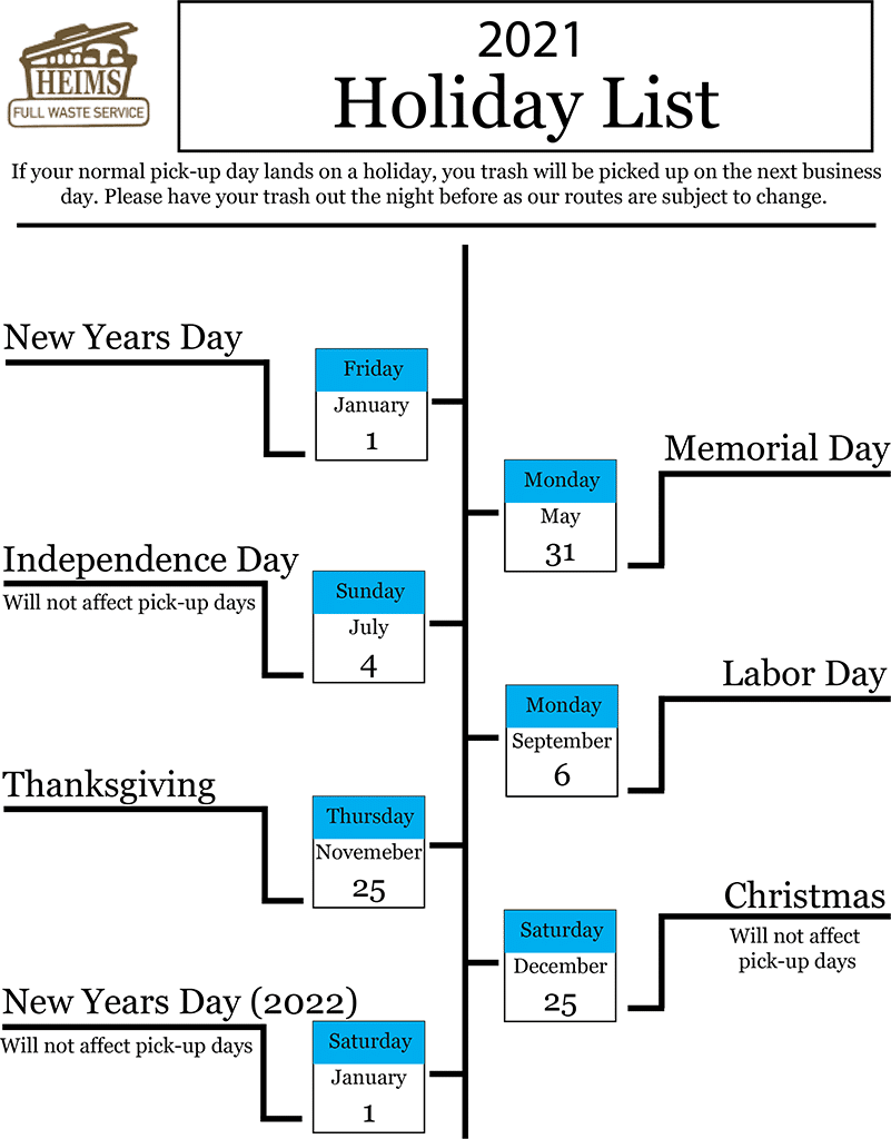 2021 Holiday List Heim's Disposal Service Inc